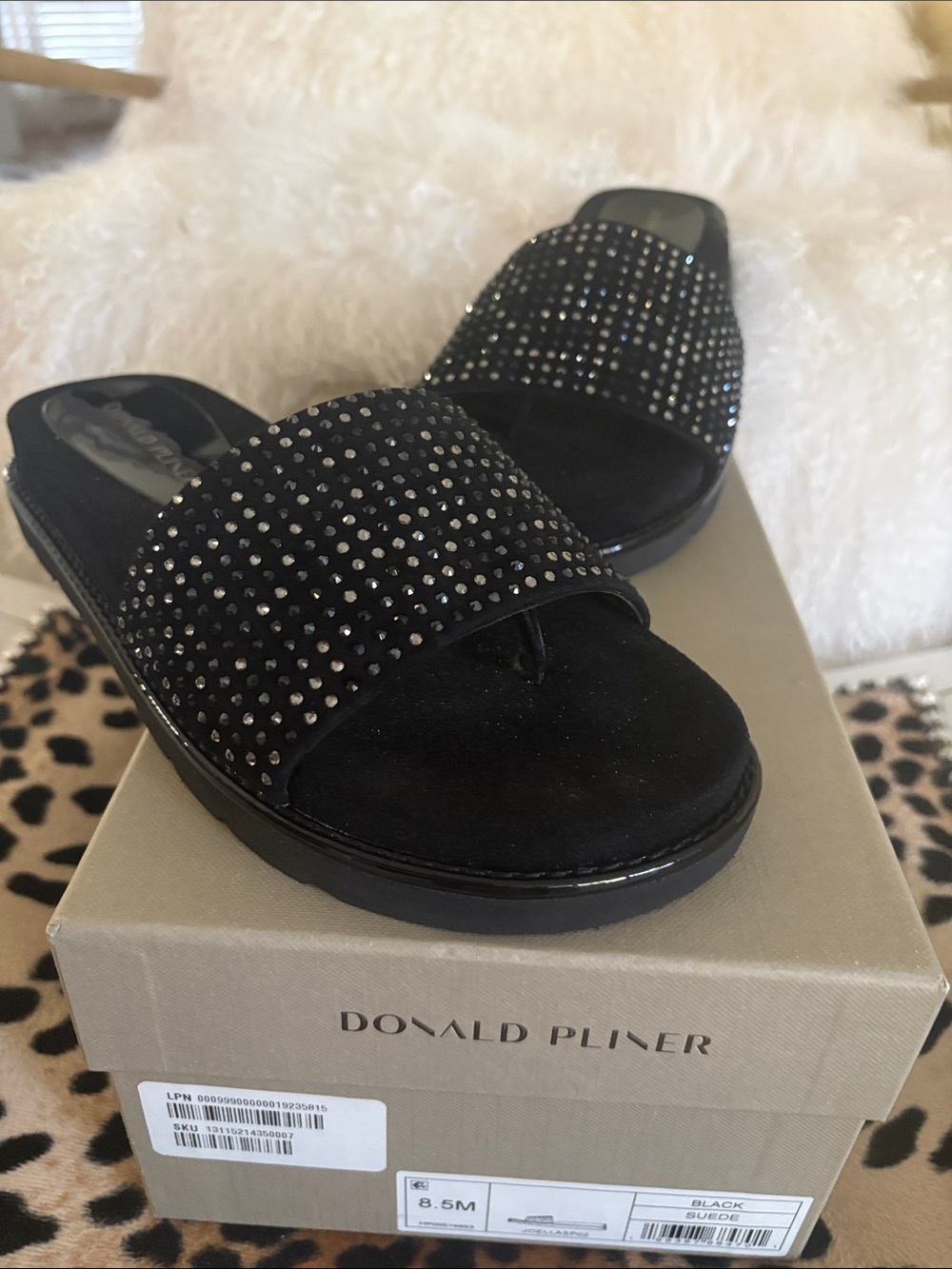 New Donald J. Pliner JOELLA Black Suede Crystal Slide Sandals 8.5M